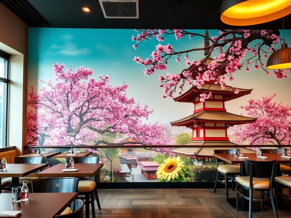 Cherry blossom pagoda mural in a restaurant dining room