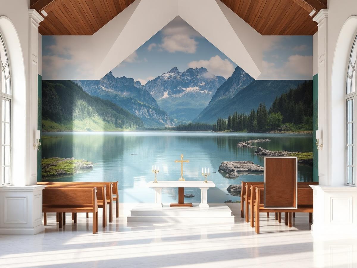 Mountain lake scenic mural inside a church