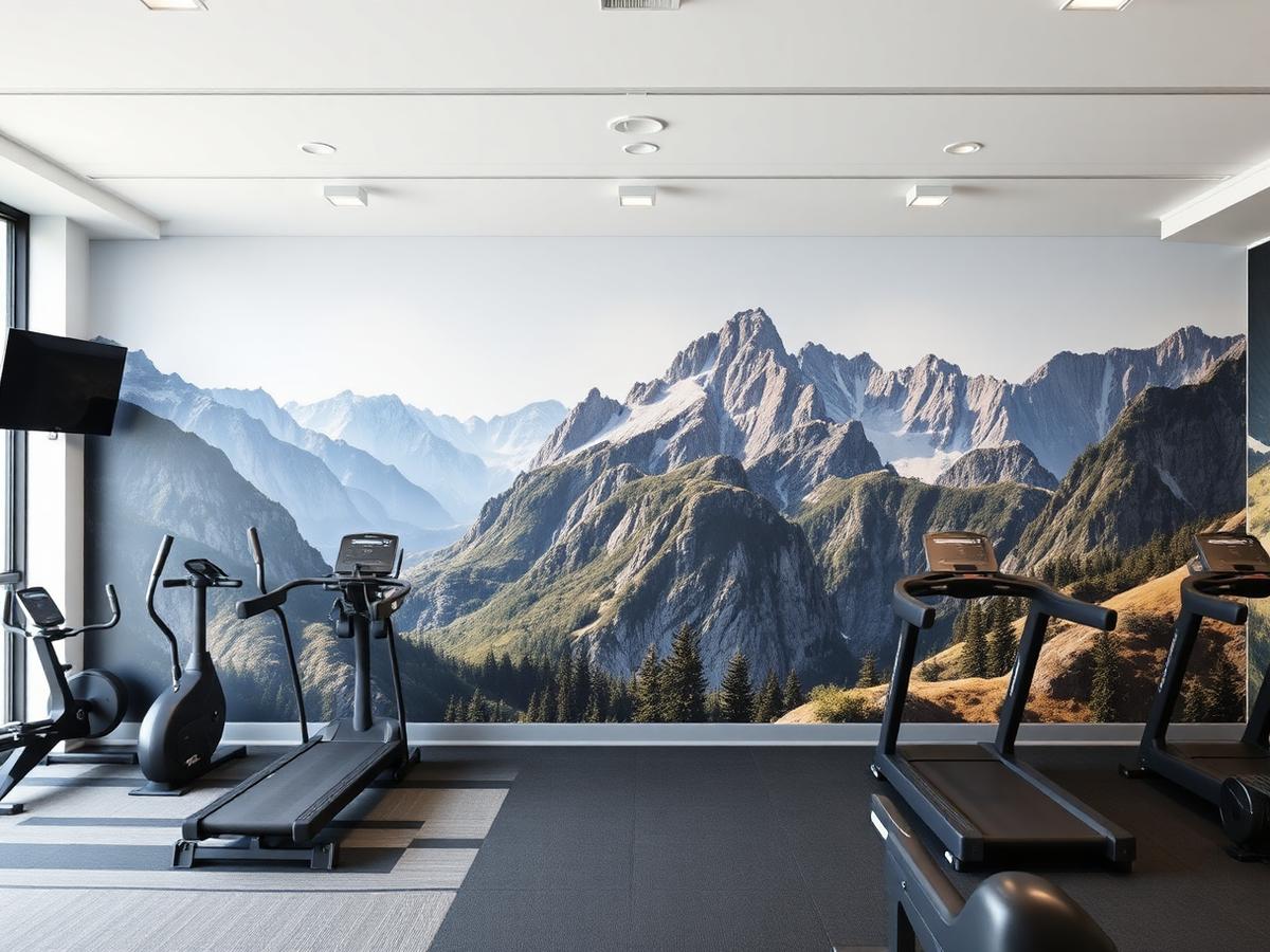 Mountain landscape mural in a modern gym