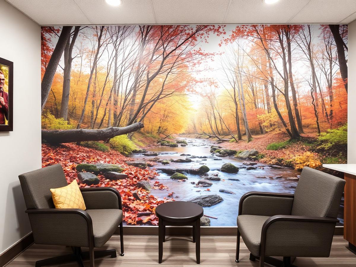 Autumn forest stream mural in a dental waiting room