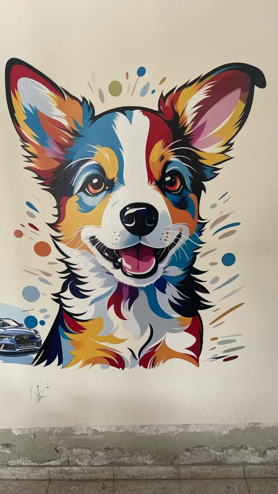 Vibrant multicolored corgi portrait mural