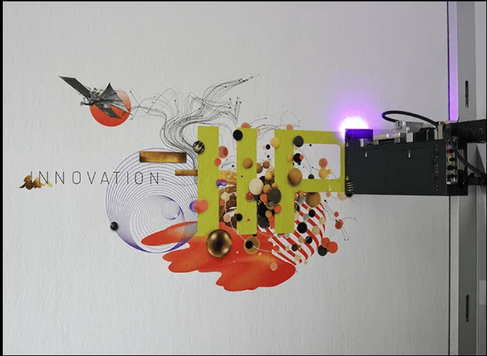 HP Innovation abstract mural being printed by a vertical wall printer