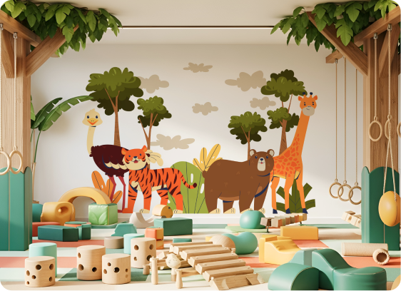 Playful jungle animals mural in a children's playroom