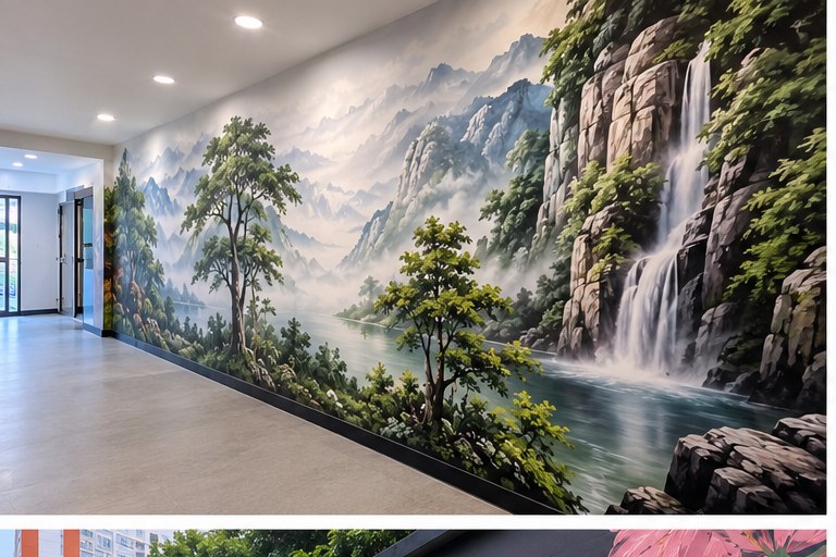 Mountain landscape and waterfall mural in a corridor