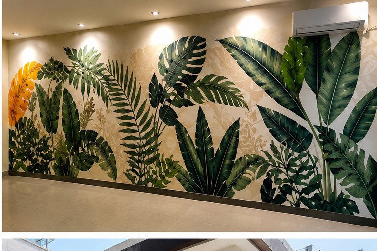Tropical foliage mural in an office hallway