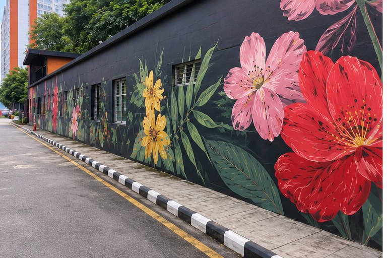 Bold floral mural along an exterior wall