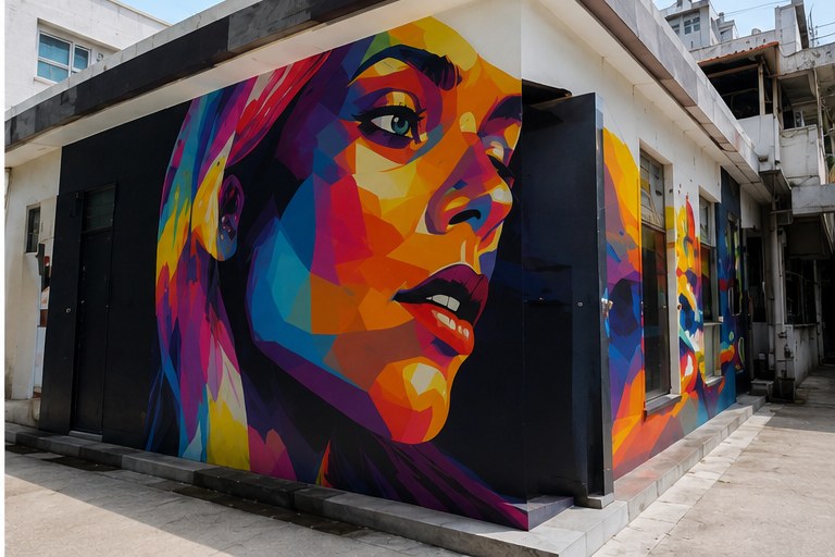 Colorful geometric portrait mural on a building exterior