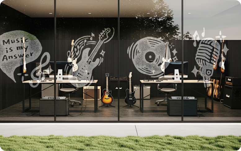 Music studio mural with guitars, vinyl records, microphone and speakers on a dark wall