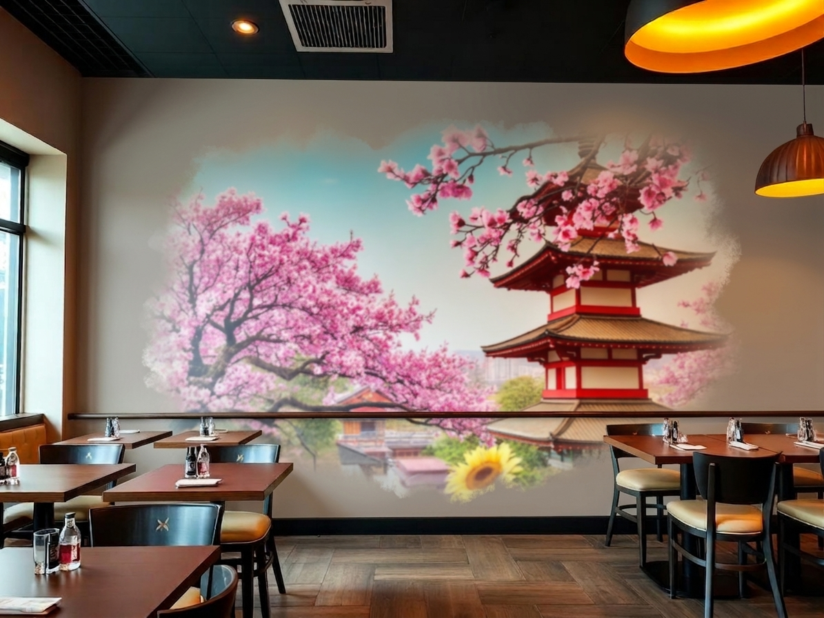 Cherry blossom pagoda mural in a restaurant dining room