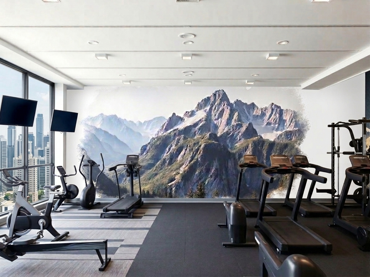 Mountain landscape mural in a modern gym